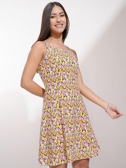 TOKYO TALKIES - Women Multi Floral Strappy Flared Knitted Mini Dress