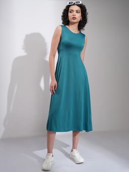 TOKYO TALKIES - Women Teal Solid Sleeveless Fit & Flare Midi Dress