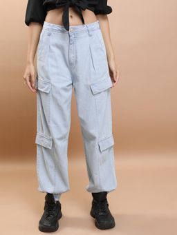 TOKYO TALKIES - Womens Cargo Jogger Blue Jeans