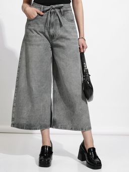 TOKYO TALKIES - Women Light Grey High Rise Wide Leg Jeans with Belt (Set of 2)