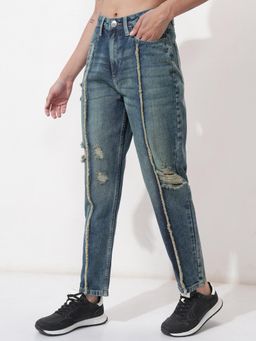 TOKYO TALKIES - Women Ribbed Mom Fit Faded Blue Jeans