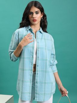 TOKYO TALKIES - Women Blue Yarn Dye Oversized Boxy Long Cuffed Sleeves Shirt