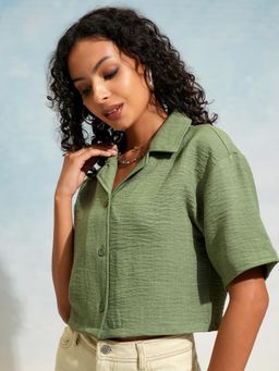 TOKYO TALKIES - Women Green Solid Casual Holiday Crop Shirt