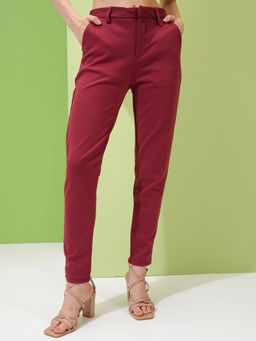 TOKYO TALKIES - Women Maroon Solid High Waisted Casual Trouser