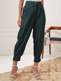 TOKYO TALKIES - Women Teal Solid Pleated Tailored Jogger Casual Trousers