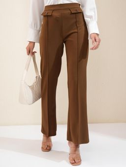TOKYO TALKIES - Women Brown Solid High Waisted Flared Leg Formal Trouser