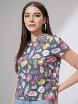 TOKYO TALKIES - Women Grey Printed Short Sleeve Cropped T-Shirt