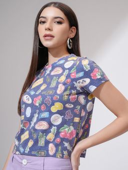 TOKYO TALKIES - Women Navy Blue Printed Short Sleeve Cropped T-Shirt