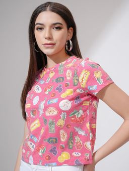 TOKYO TALKIES - Women Pink Multi Printed Short Sleeve Cropped T-Shirt