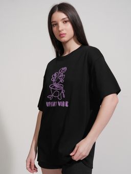 TOKYO TALKIES - Women Black Chest Printed Oversized T-Shirt