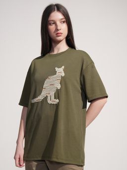 TOKYO TALKIES - Women Olive Chest Printed Oversized T-Shirt