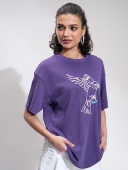 TOKYO TALKIES - Women Purple Chest Printed Oversized T-Shirt