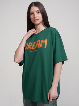 TOKYO TALKIES - Women Green Solid Oversized Fit Chest Print T-Shirt