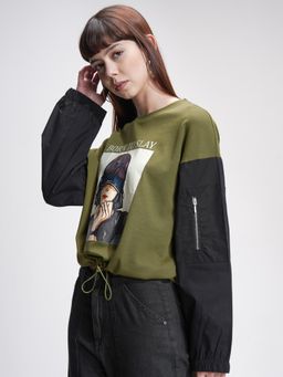 TOKYO TALKIES - Women Olive Printed Contrast Sleeved Oversize T-Shirt