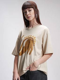 TOKYO TALKIES - Women Beige Oversized Chest Printed T-Shirt