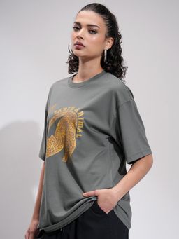 TOKYO TALKIES - Women Grey Oversized Chest Printed T-Shirt