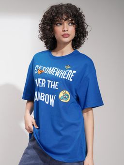 TOKYO TALKIES - Women Blue Chest Printed Oversized Fit T-Shirt