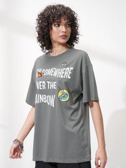 TOKYO TALKIES - Women Grey Chest Printed Oversized Fit T-Shirt