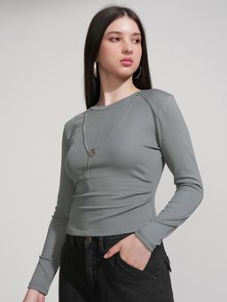 TOKYO TALKIES - Women Grey Ruched Rib T-Shirt