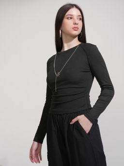 TOKYO TALKIES - Women Black Solid Ruched Rib T-Shirt
