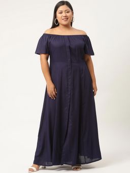 theRebelinme - Plus Size Womens Navy Blue Solid Color Off-shoulder Maxi Dress