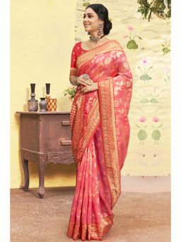Sangam Prints - Pink Cotton Woven Zari Work Traditional Tassel Saree with Unstitched Blouse