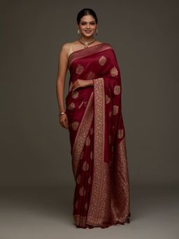 Koskii - Wine Zari Work Banarasi Designer Saree with Unstitched Blouse