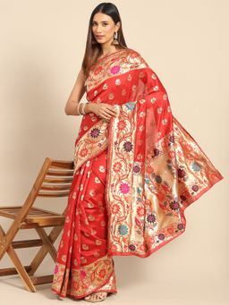 Akhilam - Womens Silk Blend Red Woven Design Designer Saree with Unstitched Blouse