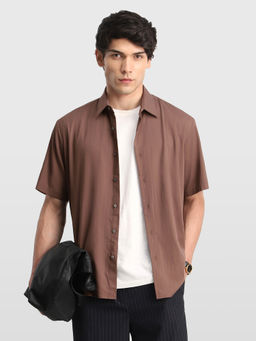 Arrow Newyork - Brown Self Design Microfibre Relaxed Fit Shirt
