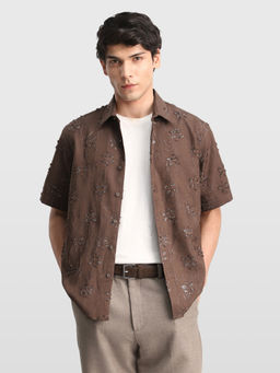 Arrow Newyork - Brown Self Design Polyester Relaxed Fit Shirt