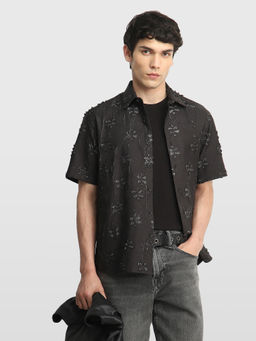 Arrow Newyork - Black Self Design Polyester Relaxed Fit Shirt