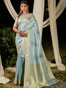 Odette - Blue Premium Linen Silk Leheriya Saree with Unstitched Blouse