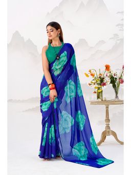 LooknBook Art - Blue Floral Print Chiffon Saree with Unstitched Blouse