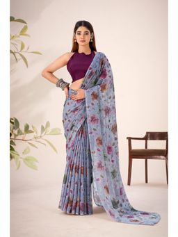 LooknBook Art - Grey Lurex Bresso Viscose Dreamy Floral Detailing Saree with Unstitched Blouse