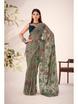 LooknBook Art - Green Lurex Bresso Viscose Dreamy Floral Detailing Saree with Unstitched Blouse