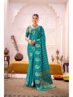 LooknBook Art - Teal Timeless Elegance Kanjivaram Sarees with Unstitched Blouse
