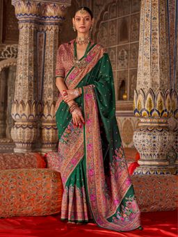 Elora - Green Poly Viscose Silk Printed Banarasi Saree with Unstitched Blouse
