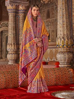 Elora - Mustard Poly Viscose Silk Printed Banarasi Saree with Unstitched Blouse