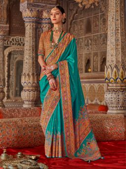 Elora - Teal Poly Viscose Silk Printed Banarasi Saree with Unstitched Blouse