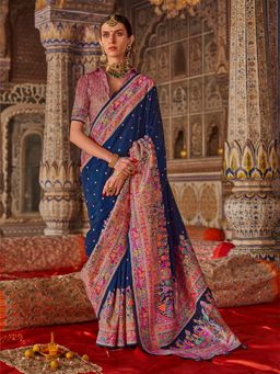 Elora - Royal Blue Poly Viscose Silk Printed Banarasi Saree with Unstitched Blouse