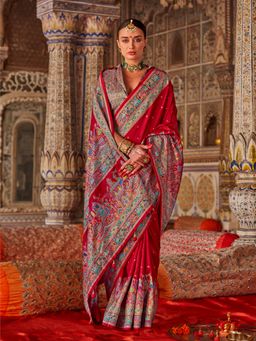 Elora - Red Poly Viscose Silk Printed Banarasi Saree with Unstitched Blouse