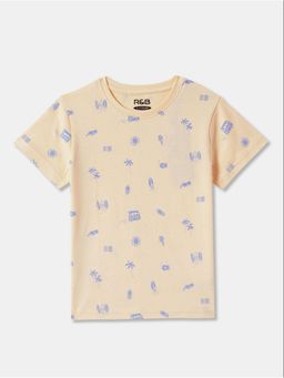 R&B - Cream Pure Cotton Half Sleeves Round Neck Regular Fit Printed T-Shirt