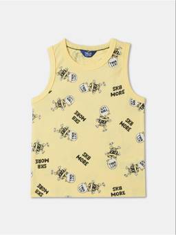 R&B - Yellow Pure Cotton Sleeveless Round Neck Regular Fit Printed T-Shirt