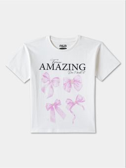R&B - White Pure Cotton Half Sleeves Round Neck Regular Fit Printed T-Shirt