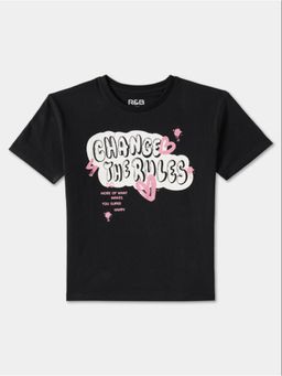 R&B - Black Pure Cotton Half Sleeves Round Neck Regular Fit Typography T-Shirt