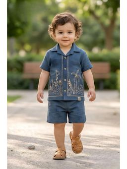 Lagorii - Navy Blue Cotton Blend Half Sleeves Embroidered Co-ord Set