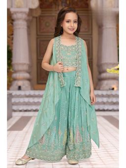 Lagorii - Green Silk Blend Sleeveless Embroidered Palazzo With Top & Jacket