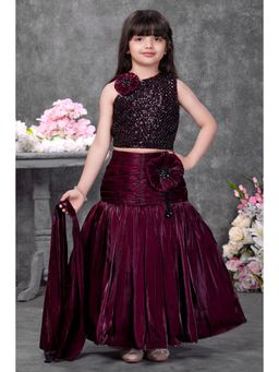 Lagorii - Wine Organza Sleeveless Embellished Choli With Lehenga & Dupatta