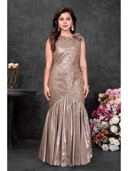 Lagorii - Gold Satin Sleeveless Asymmetrical Flared Fit Embellished Gown