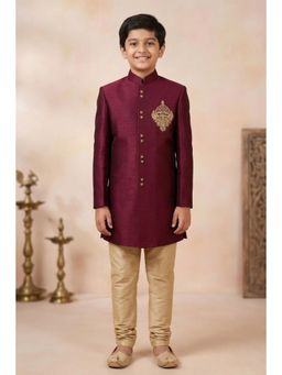 Lagorii - Wine Silk Blend Full Sleeves Solid Sherwani With Pyjama